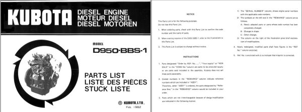 Kubota Engine D950 BBS 1 Parts List 1