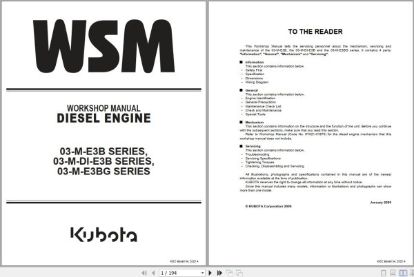 Kubota Engine SERIES 03 M E3B 03 M DI E3B 03 M E3BG Workshop Manual 9Y111 02575 1