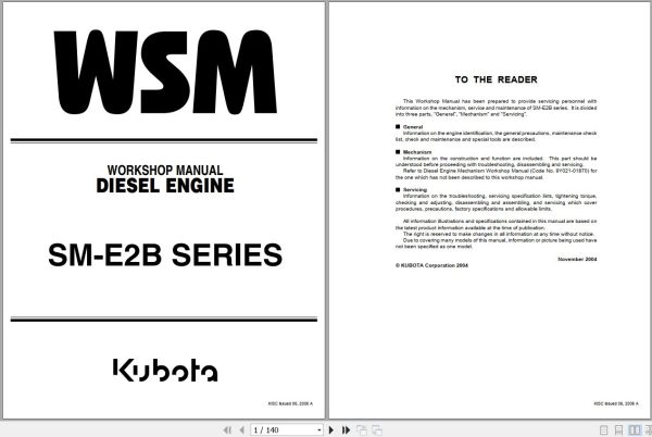 Kubota Engine SM E2B SERIES Workshop Manual 9Y011 03173 1