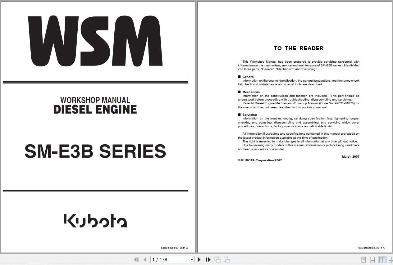 Kubota Engine SM E3B SERIES Workshop Manual 9Y111 00133 1
