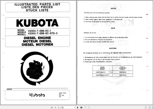 Kubota Engine V2003 T EBB EC 1 V2003 T EBB EC STD 3 Illustrated Parts List 97898 06390 1