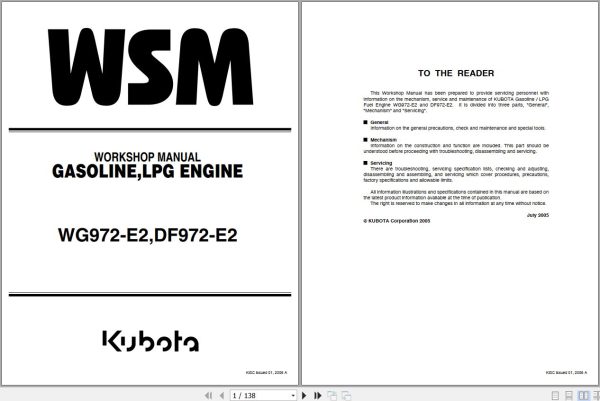 Kubota Engine WG972 E2 DF972 E2 Workshop Manual 97897 02672 1