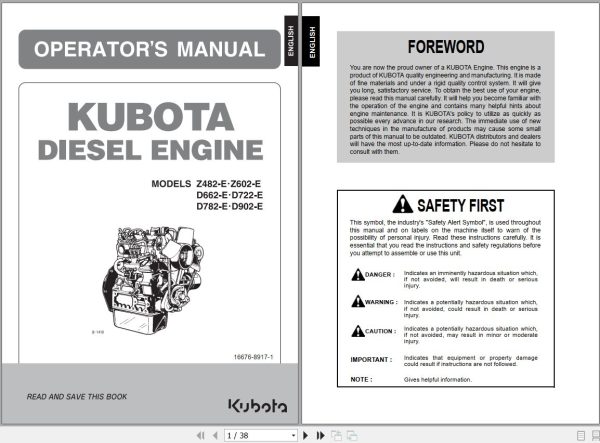 Kubota Engine Z482 E to D902 E Operators Manual 16676 8917 1 1