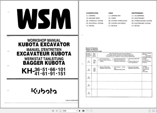 Kubota Excavator KH 36 41 51 61 66 91 101 151 Workshop manual 97899 60062 1
