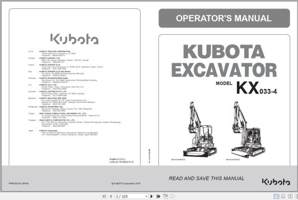 Kubota Excavator KX033 4 Operators Manual RC488 8121 6 1