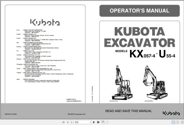 Kubota Excavator KX057 4 U55 4 Operators Manual RD368 8125 5 1