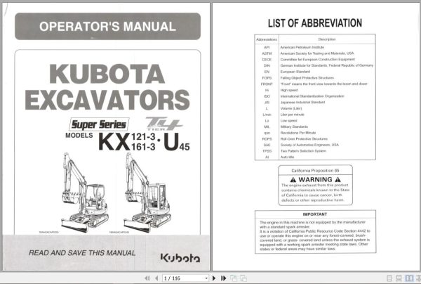 Kubota Excavator KX121 3 KX161 3 U45 Operators Manual RD148 8121 6 1