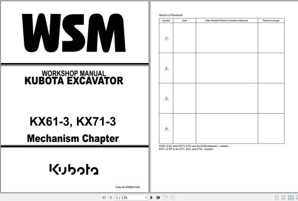 Kubota Excavator KX61 3 KX71 3 Workshop Manual 97899 61040 1