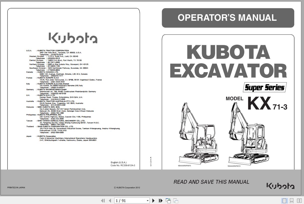 Kubota Excavator KX71 3S Operators Manual RC358 8124 3 1