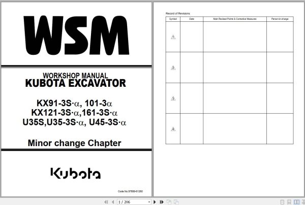 Kubota Excavator KX91 3S to U45 3S alpha Workshop Manual 97899 61260 1