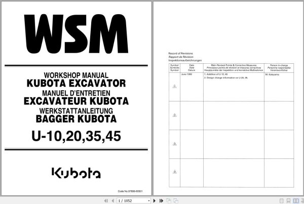 Kubota Excavator U 10 U 20 U 35 U 45 Workshop Manual 97899 60501 1