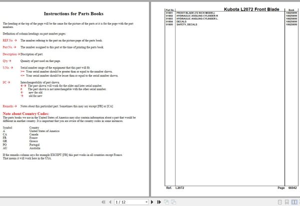 Kubota Front Blade L2072 Parts Manual 1