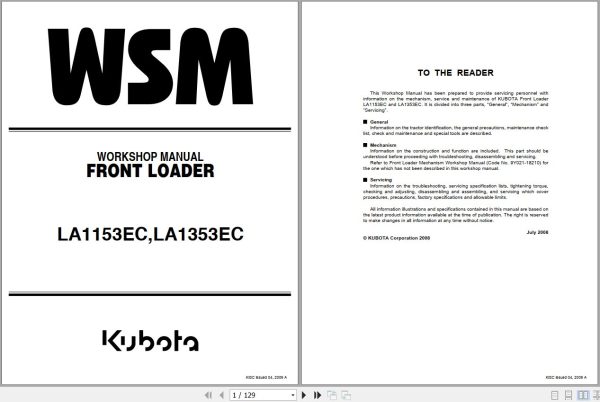 Kubota Front Loader LA1153EC LA1353EC Workshop Manual 9Y111 02460 1