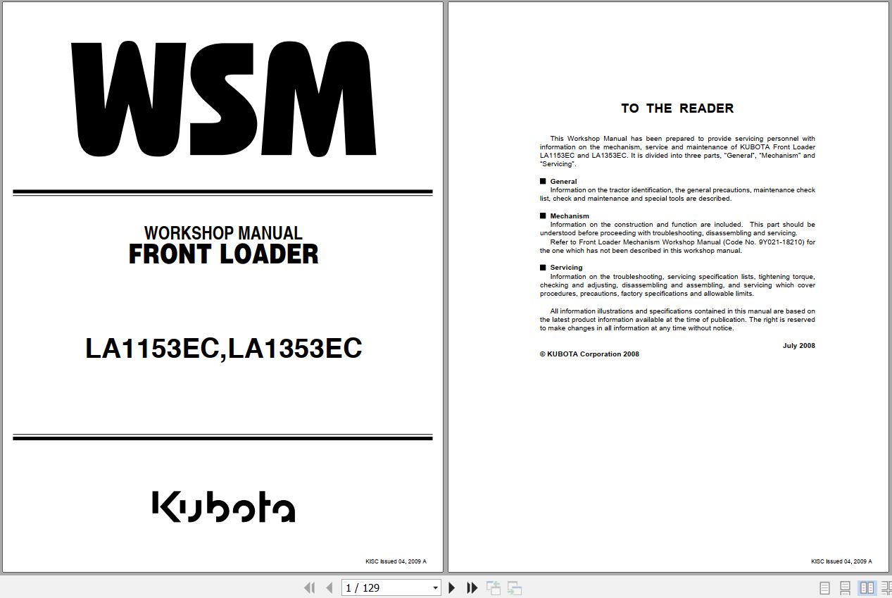 Kubota Front Loader LA1153EC LA1353EC Workshop Manual 9Y111 02460 1