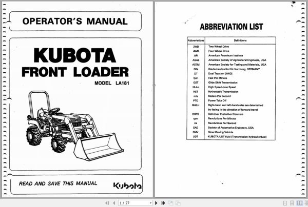 Kubota Front Loader LA181 Operators Manual 7J610 6911 1 1
