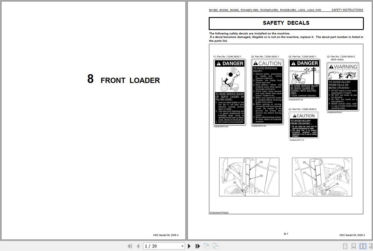 Kubota Front Loader LA203 LA243 Workshop Manual 9Y111 01951 1