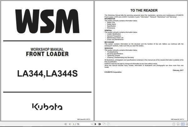 Kubota Front Loader LA344 LA344S Workshop Manual 9Y111 17180 1