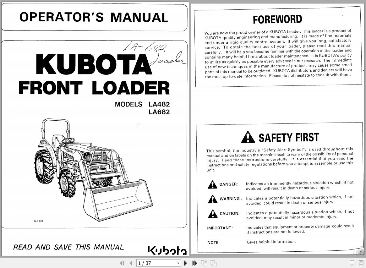 Kubota Front Loader LA482 LA682 Operators Manual 7J243 6911 2 1
