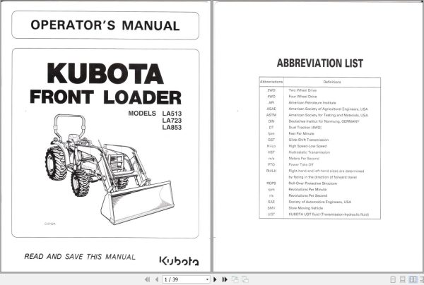 Kubota Front Loader LA513 LA723 LA853 Operators Manual 7J266 6911 2 1