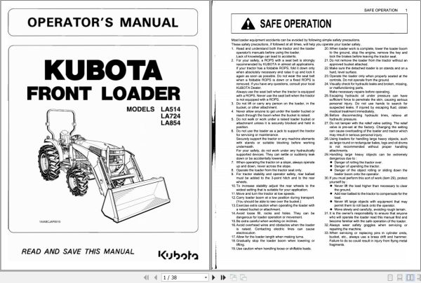 Kubota Front Loader LA514 LA724 LA854 Operators Manual 7J275 6911 1 1