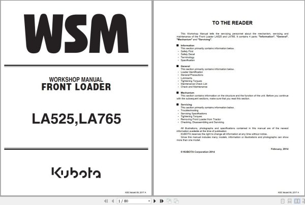 Kubota Front Loader LA525 LA765 Workshop Manual 9Y111 10142 1