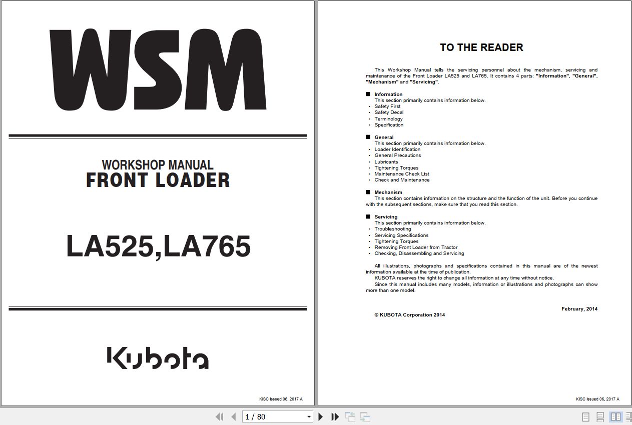 Kubota Front Loader LA525 LA765 Workshop Manual 9Y111 10142 1