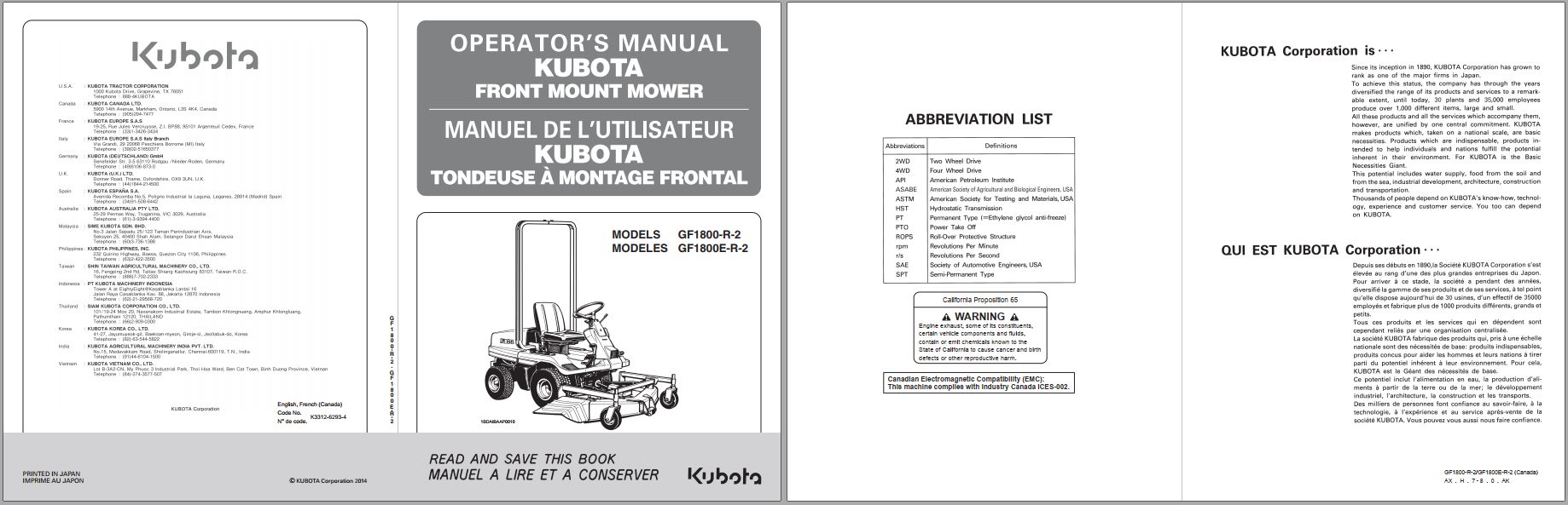 Kubota Front Mount Mower GF Series Operators Manual K3312 6293 4 EN FR 1