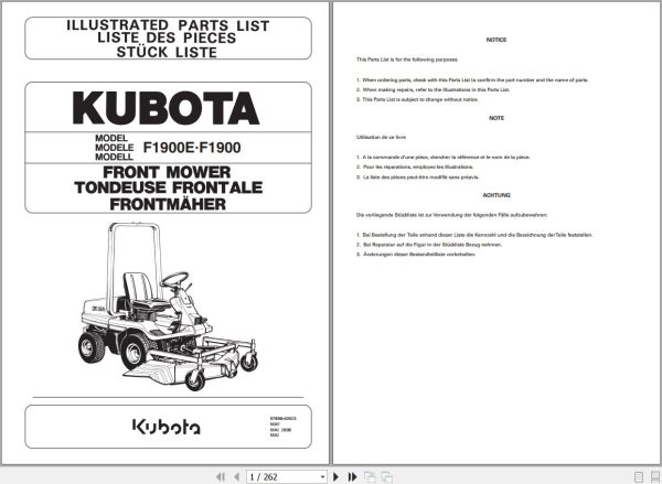 Kubota Front Mower F1900 F1900E Illustrated Parts List 97898 40923 1