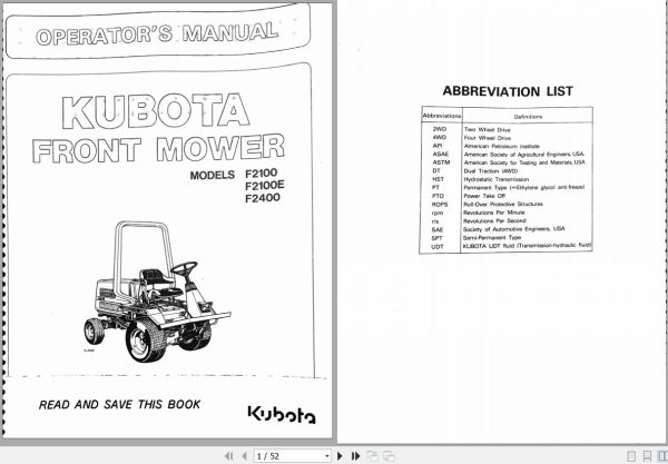 Kubota Front Mower F2100 F2100E F2400 Operators Manual 76630 6211 8 1