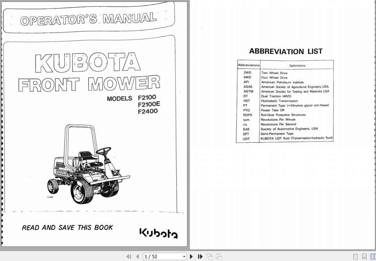 Kubota Front Mower F2100 F2100E F2400 Operators Manual 76630 6211 8 1