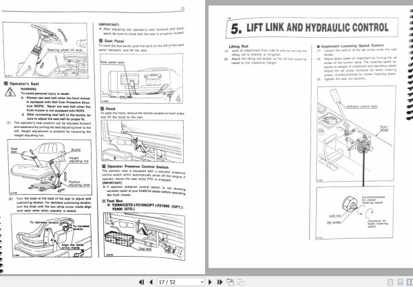 Kubota Front Mower F2100 F2100E F2400 Operators Manual 76630 6211 8 2