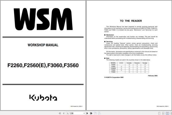 Kubota Front Mower F2260 F2560 F3060 F3560 Workshop Manual 9Y011 11903 1