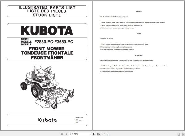 Kubota Front Mower F2880 F3680 Illustrated Parts List 97898 41714 1