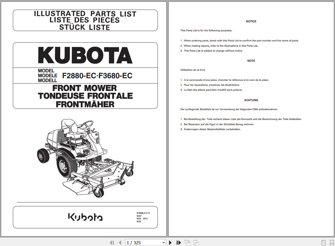 Kubota Front Mower F2880 F3680 Illustrated Parts List 97898 41714 1