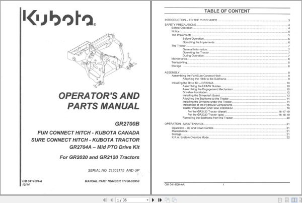 Kubota Fun Connect Hitch GR2700B and Mid PTO Drive Kit GR2704A Operators and Parts Manual 77700 05950 1