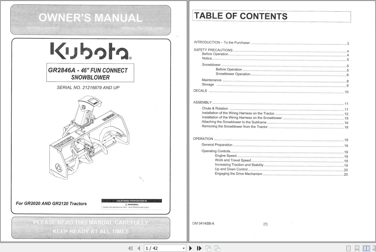 Kubota Fun Connect Snowblower GR2846A 46 inch Owners Manual 77700 03964 1