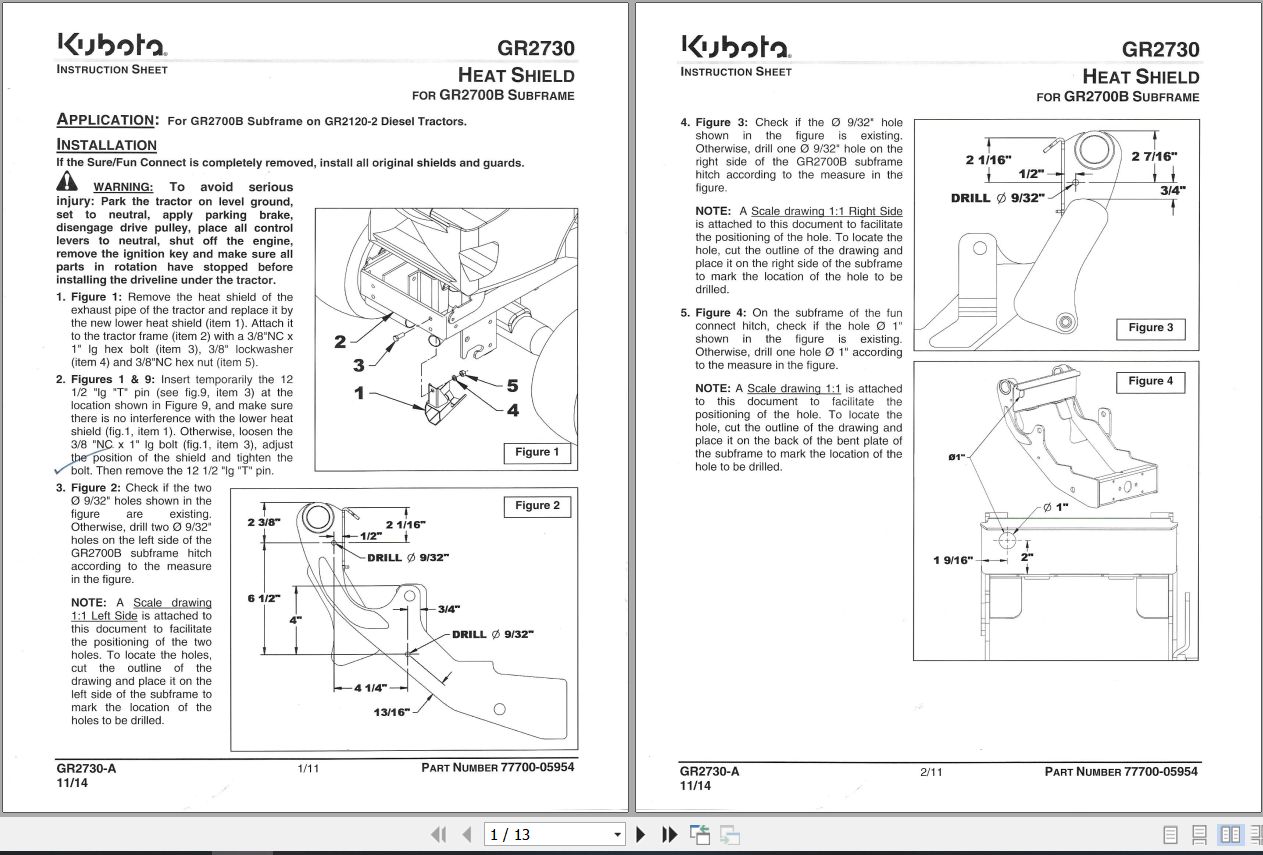 Kubota Heat shield GR2730 Instruction Sheet 77700 05954 1