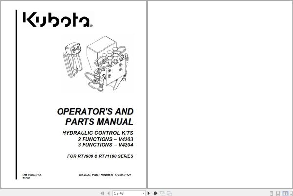 Kubota Hydraulic Control Kits V4203 V4204 Operators and Parts Manual 77700 01127 1