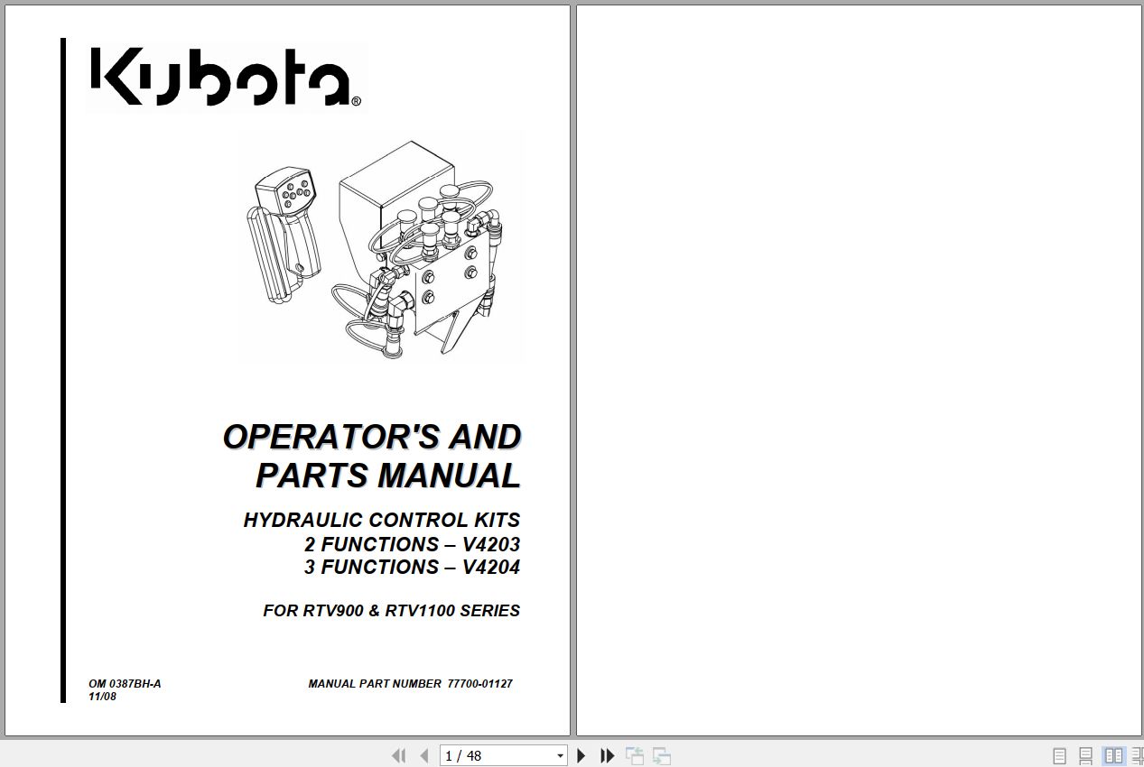 Kubota Hydraulic Control Kits V4203 V4204 Operators and Parts Manual 77700 01127 1