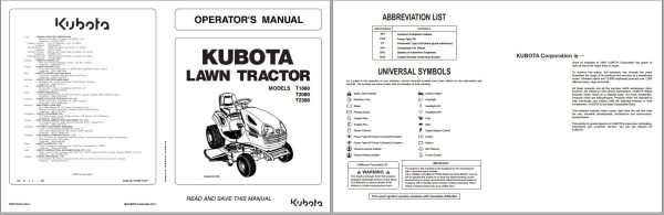 Kubota Lawn Tractor T1880 T2080 T2380 Operators Manual K1032 7122 1 1