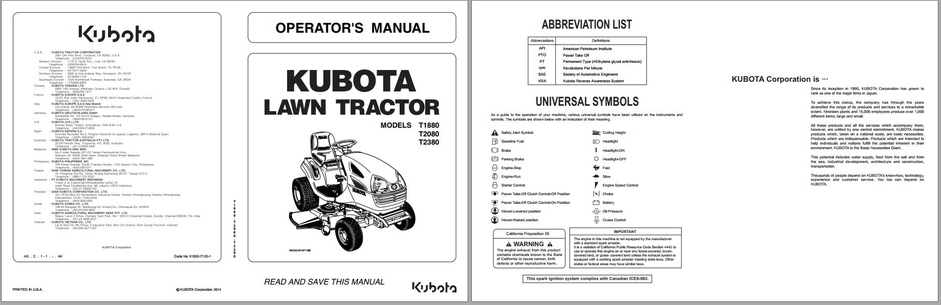 Kubota Lawn Tractor T1880 T2080 T2380 Operators Manual K1032 7122 1 1