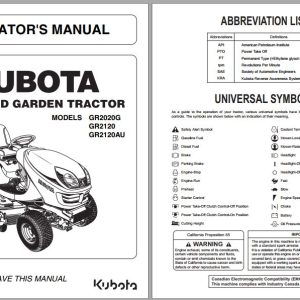 Kubota Lawn and Garden Tractor GR2120 GR2020G GR2120AU Operators Manual K1260 7121 4 1