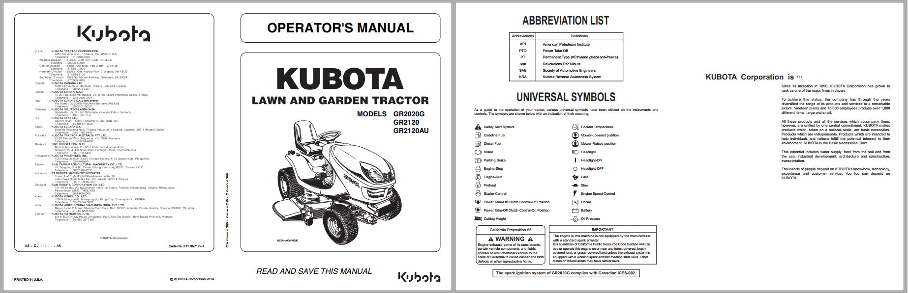 Kubota Lawn and Garden Tractor GR2120 GR2020G GR2120AU Operators Manual K1270 71221 1