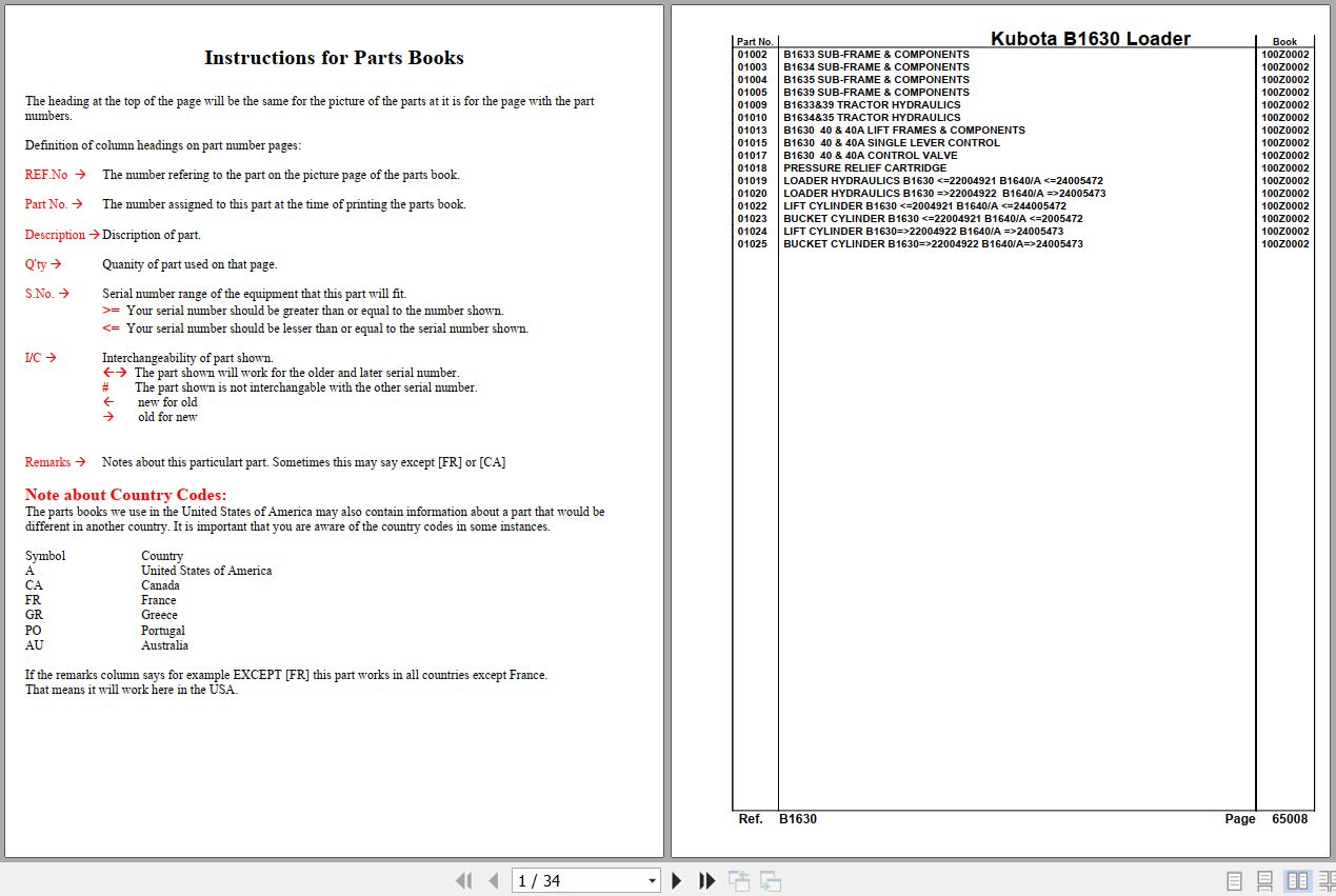 Kubota Loader BT1640 Parts Manual 1
