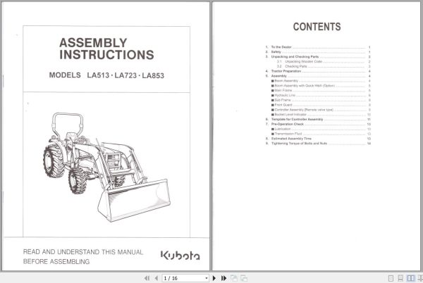 Kubota Loader LA513 LA723 LA853 Assembly Instructions 7J266 6915 1 1