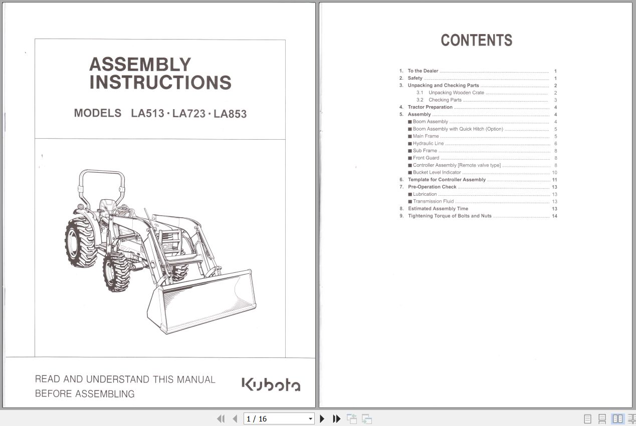 Kubota Loader LA513 LA723 LA853 Assembly Instructions 7J266 6915 1 1