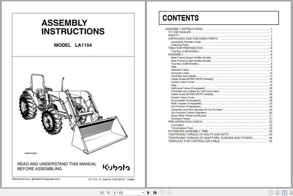Kubota Loader and Buckets LA1154 Assembly Instructions 7J437 6915 5 1