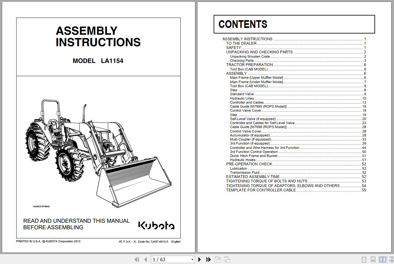Kubota Loader and Buckets LA1154 Assembly Instructions 7J437 6915 5 1