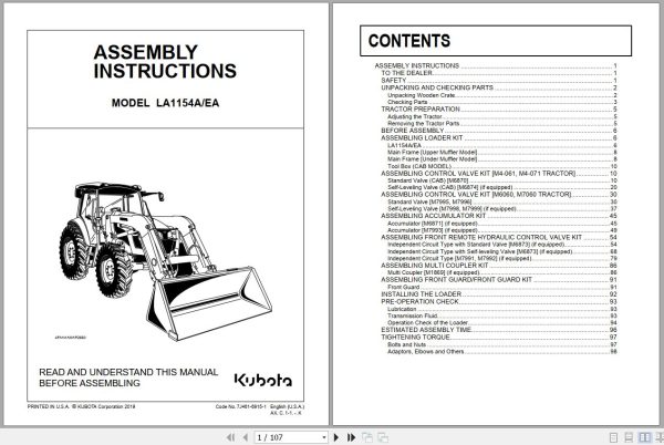 Kubota Loader and Buckets LA1154A LA1154EA Assembly Instructions 7J461 6915 1 1