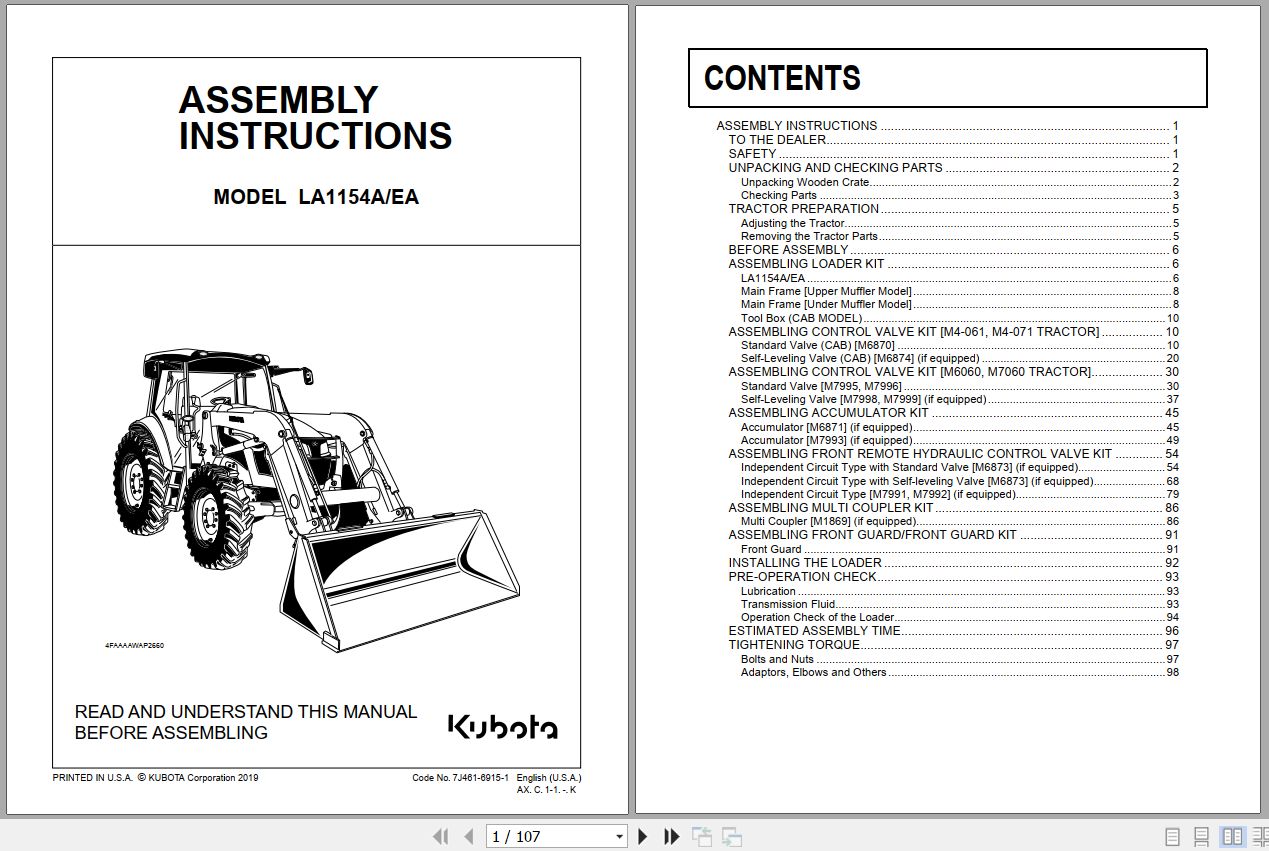 Kubota Loader and Buckets LA1154A LA1154EA Assembly Instructions 7J461 6915 1 1